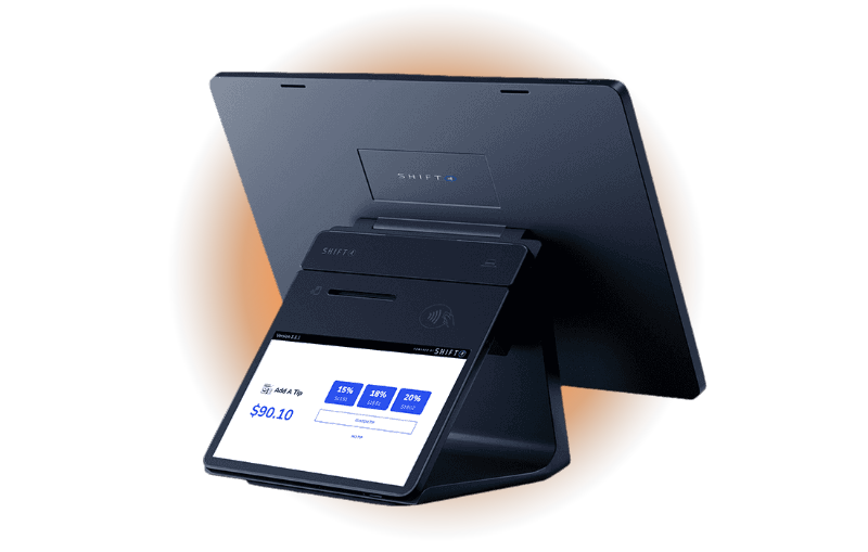 A SkyTab point-of-sale system with a customer-facing display showing tipping options.