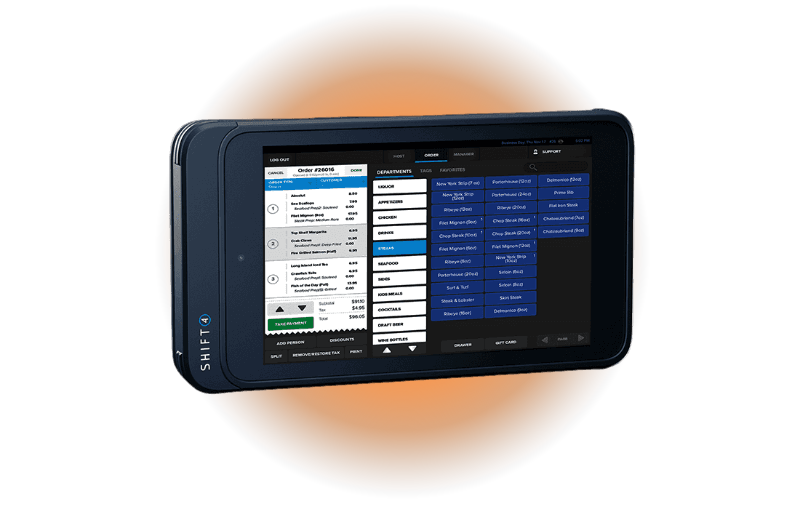 A SkyTab Glass device displaying a restaurant order interface.