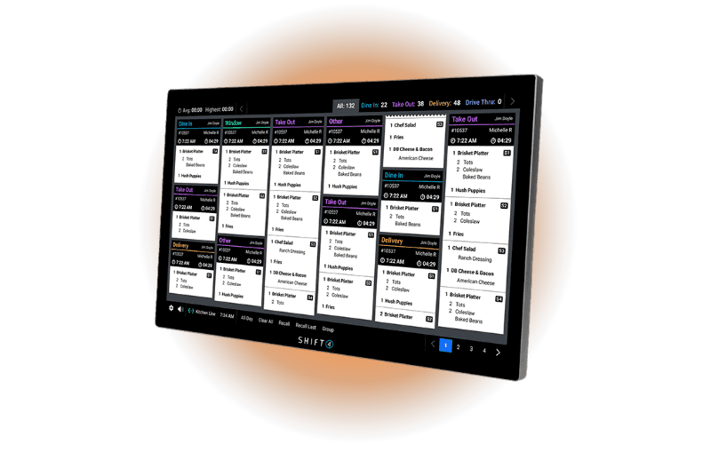 A Shift4 Kitchen Display System showing multiple orders categorized by order type.