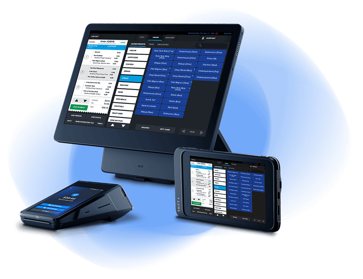 Three restaurant point of sale systems with main POS terminal and handheld devices used for tableside ordering and payments