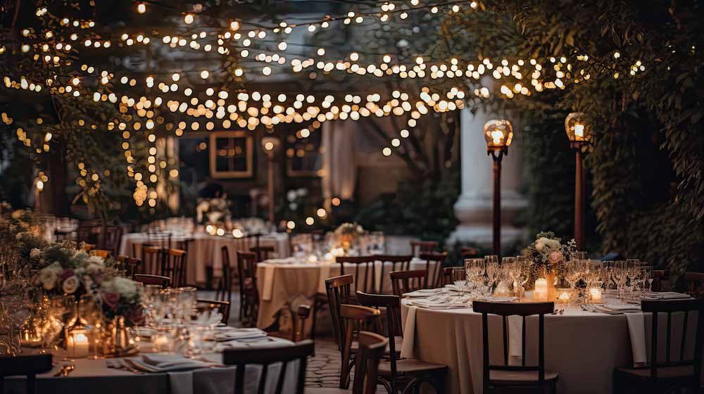 The image shows an outdoor dining area, possibly for a wedding or special event, decorated with numerous strings of warm white lights. Tables are set with tablecloths, glassware, and floral arrangements, illuminated by candles. The setting appears to be a garden or courtyard, adding to the festive atmosphere.