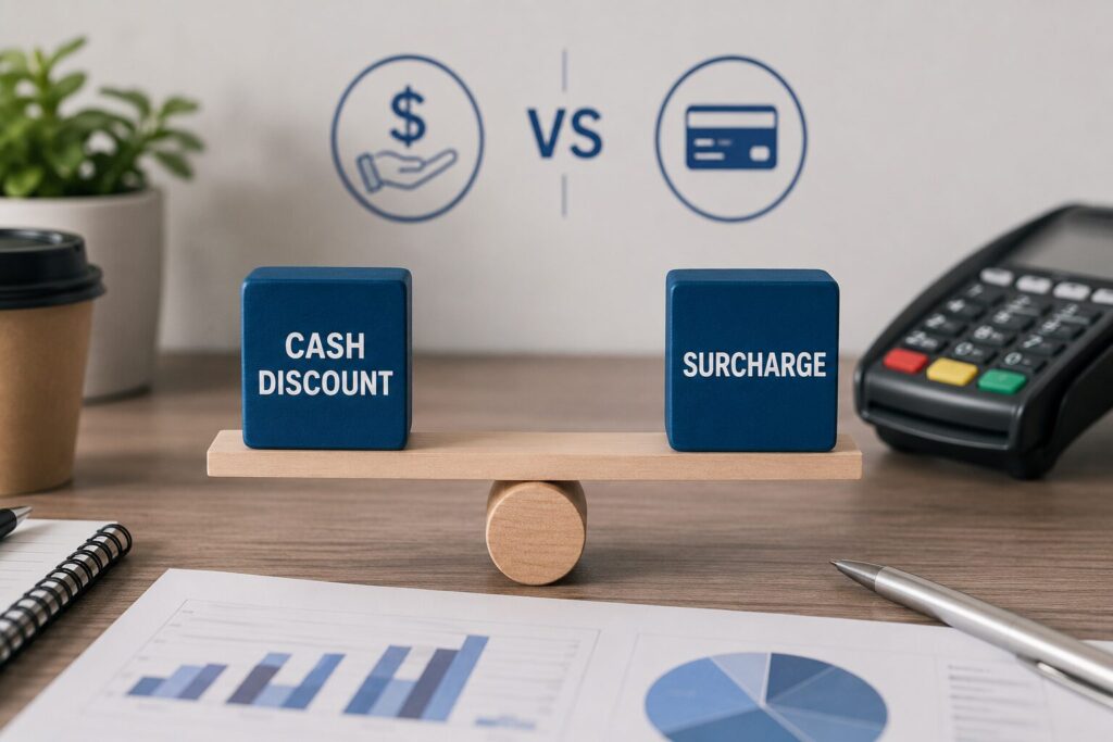 Cash discount vs surcharge programs comparison for businesses accepting credit card processing payments.