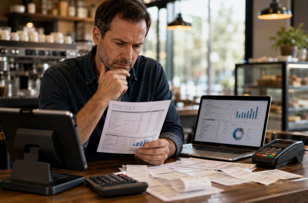 Business owner reviewing a merchant services statement, receipts, POS system, and payment processing reports to identify hidden credit card processing fees.