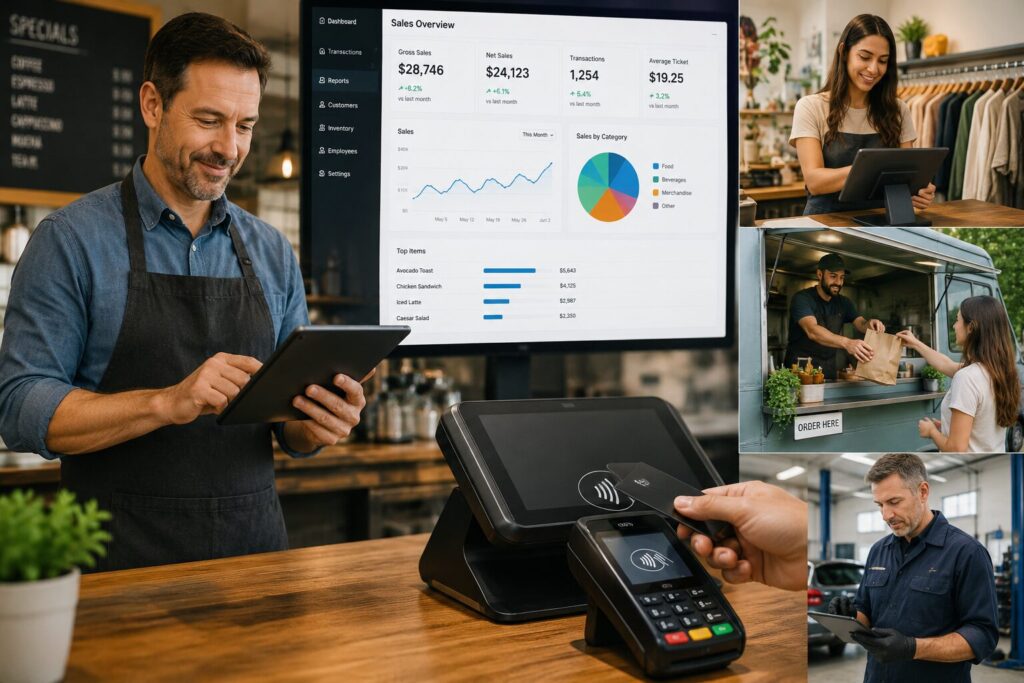 Business owner using integrated POS system and payment processing technology with sales reporting dashboard, contactless payments, merchant services, and credit card processing solutions for restaurants, retail stores, food trucks, and service businesses.