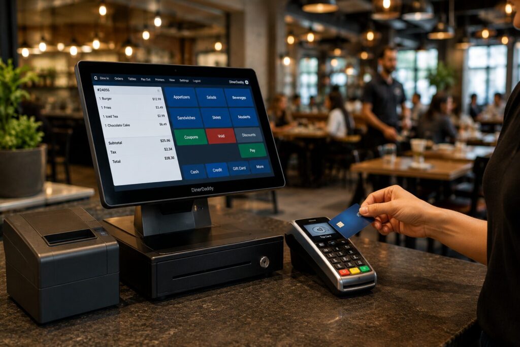 Restaurant POS system with EMV credit card terminal processing customer payment
