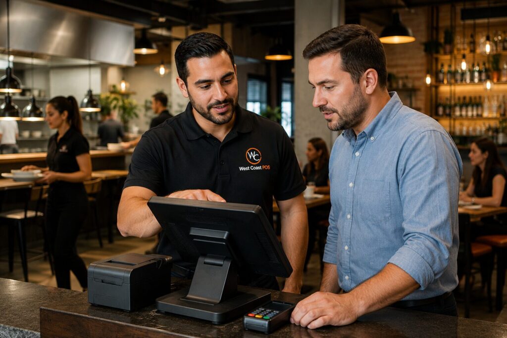 Restaurant owner receiving POS installation, menu programming, and staff training from West Coast POS