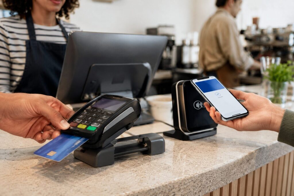 Customer using a contactless credit card processing mobile wallet payment while another customer inserts an EMV chip card at a modern cafe checkout counter.