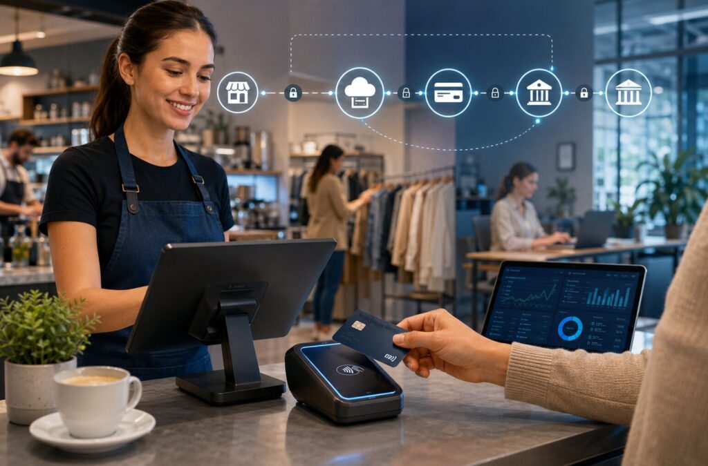 Business accepting a credit card payment through a POS credit card processing system with visual icons showing the payment flow between the merchant, payment processor, card network, and bank.