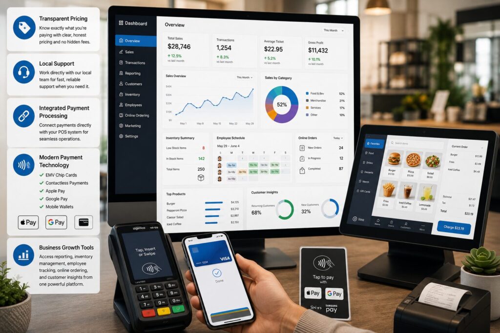Integrated payment processing dashboard with POS system, sales reporting, inventory management, employee tracking, online ordering, contactless payments, and business analytics.