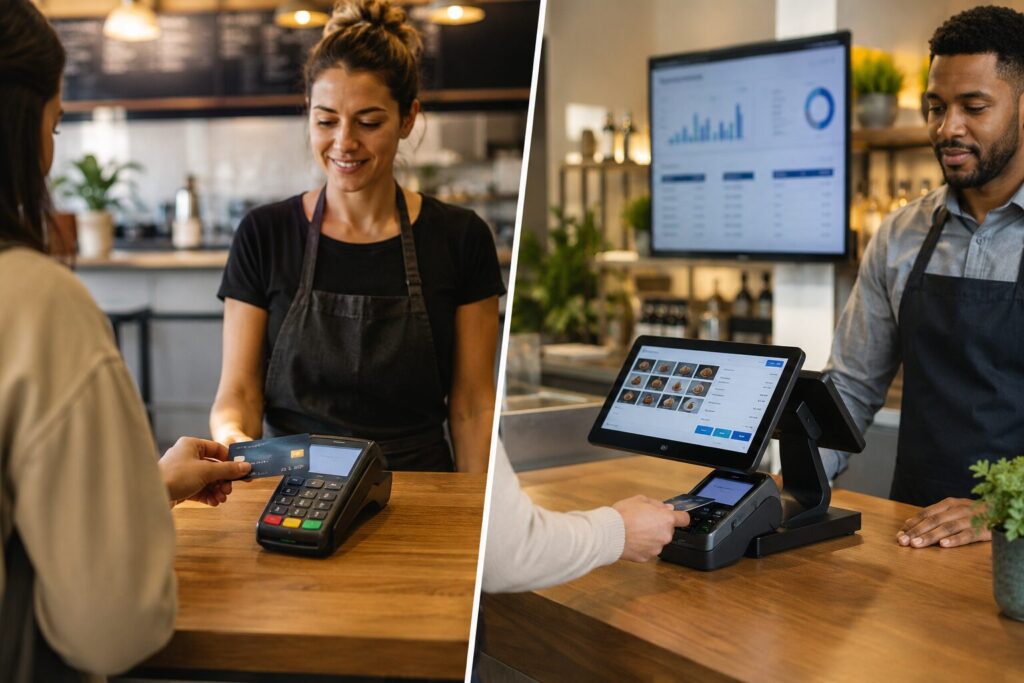Side by side comparison of a standalone credit card terminal and an integrated POS system processing customer payments in a modern cafe.