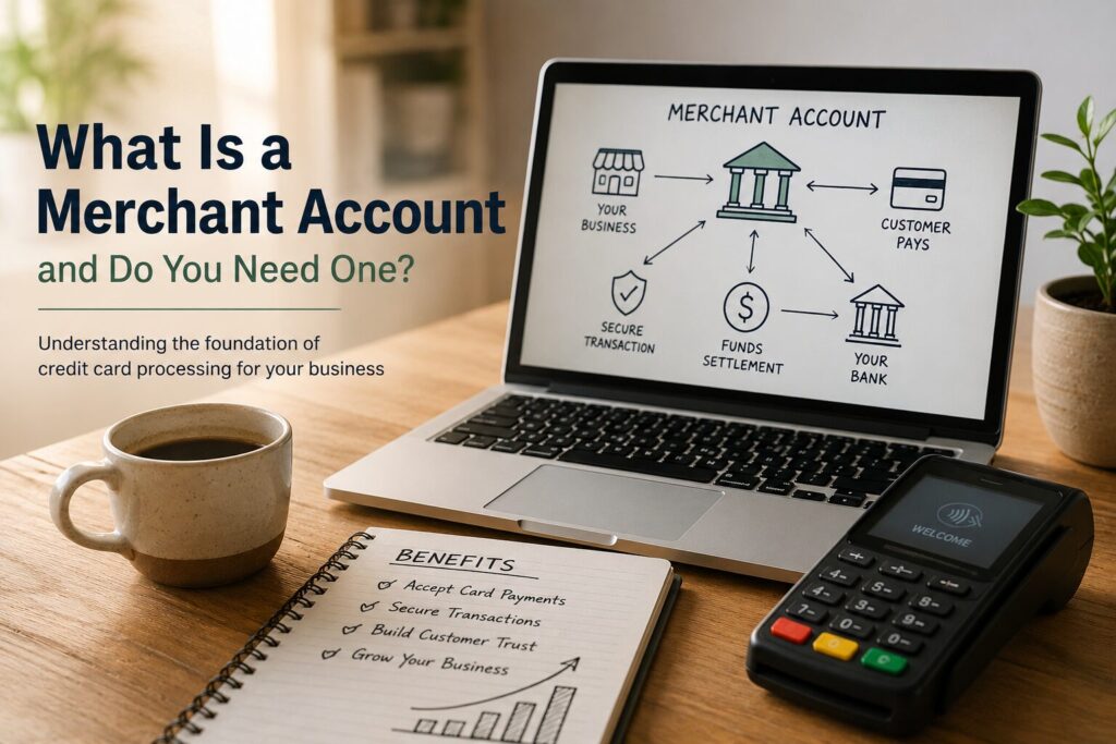 Workspace with laptop showing a merchant account payment flow diagram, notebook, coffee, and credit card terminal explaining how merchant accounts support credit card processing.