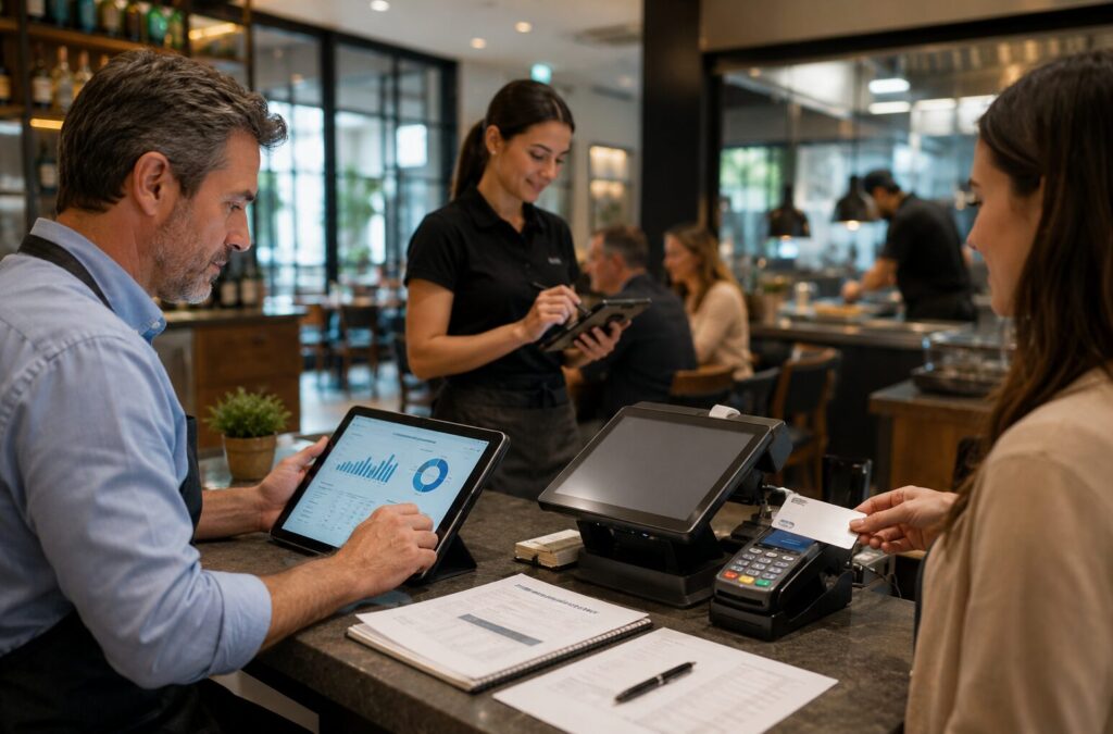 Restaurant owner reviewing credit card processing reports while a customer pays by card at a POS system inside a busy restaurant.