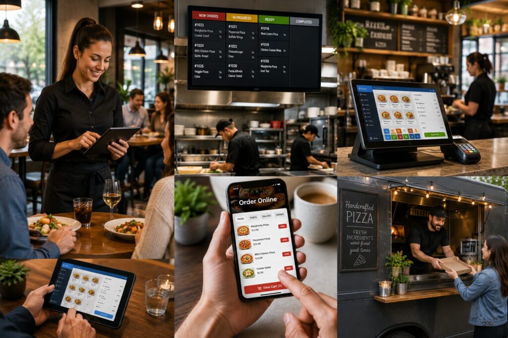 Modern restaurant POS system with tableside ordering, kitchen display system, online food ordering, delivery integration, food truck ordering, and restaurant payment processing technology.