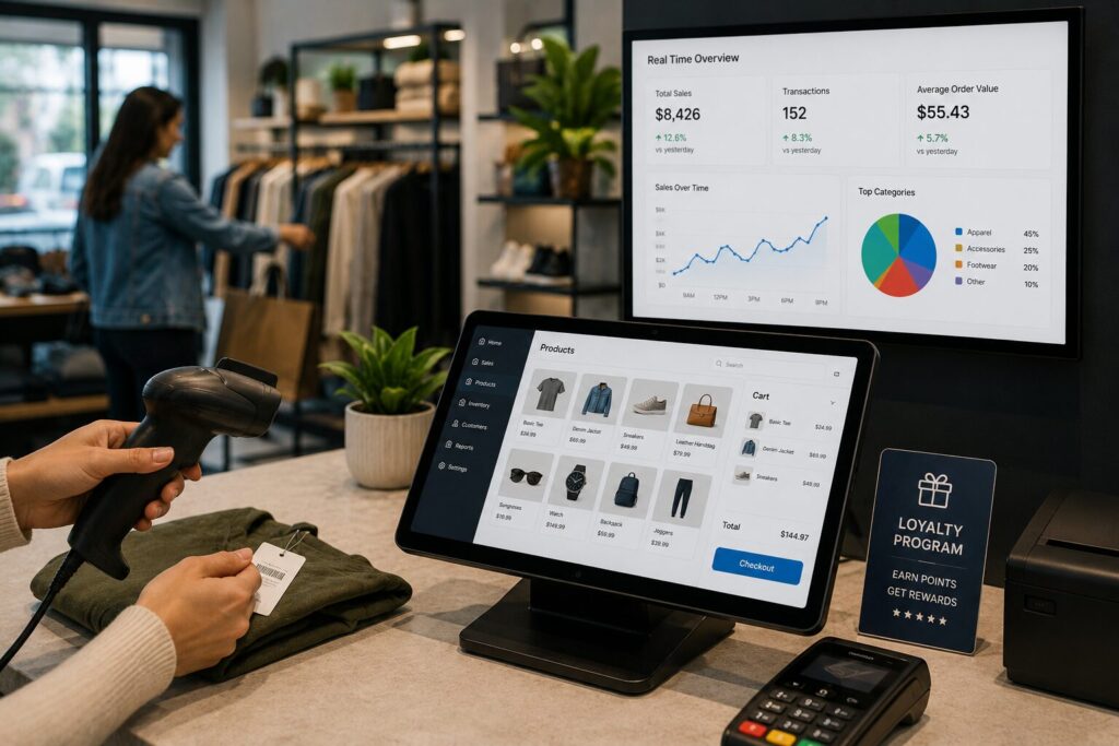 Modern retail POS system with barcode scanner, inventory management software, customer loyalty program, real time sales reporting dashboard, and retail payment processing technology.