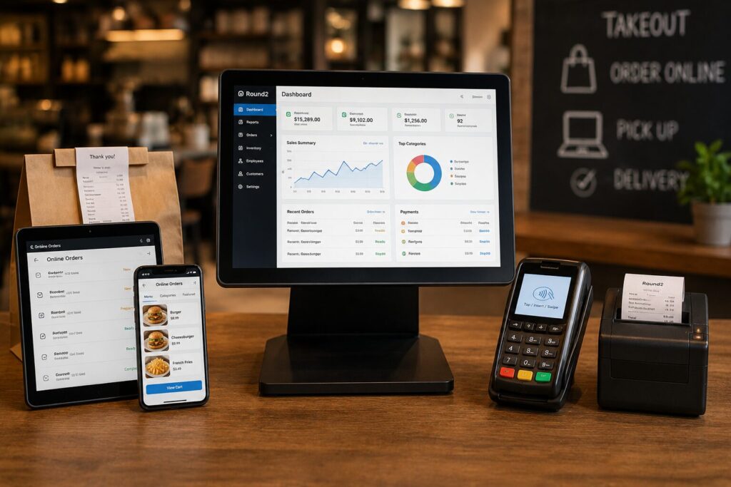 Round2 POS software dashboard with online ordering, inventory management, reporting, and integrated payment processing