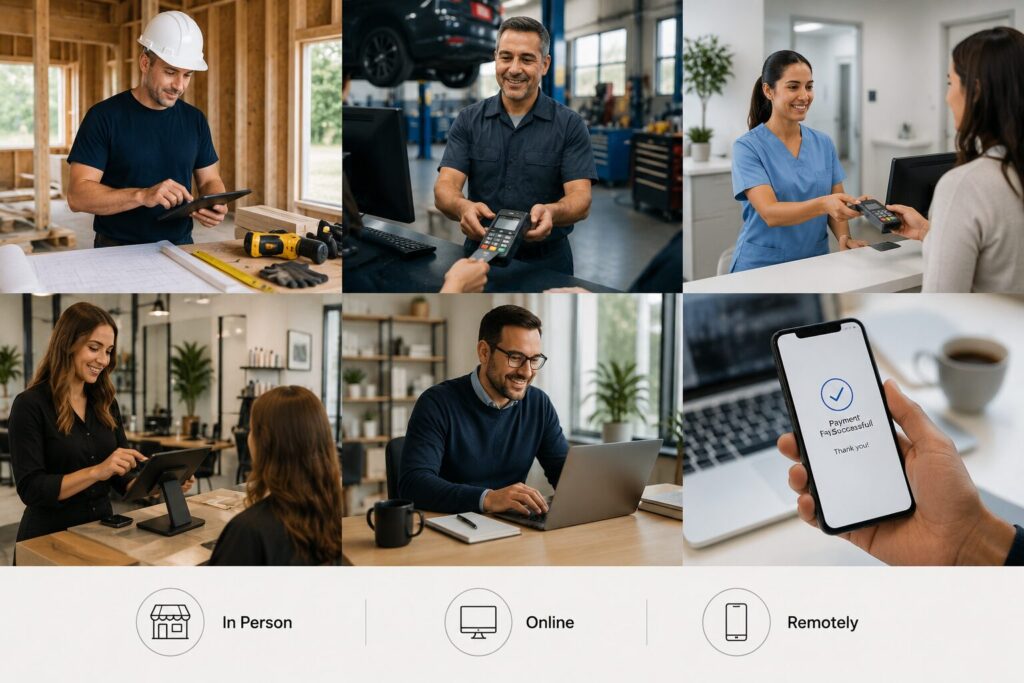 Modern payment processing solutions for contractors, auto repair shops, medical offices, salons, and professional service businesses accepting payments in person, online, and remotely.