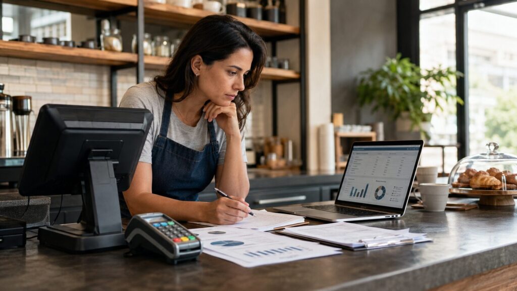 Business owner reviewing payment processing reports and POS system data while comparing credit card processing company options.