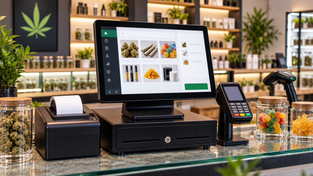 Dispensary POS system with inventory tracking, barcode scanner, payment terminal, receipt printer, and cannabis retail product categories.