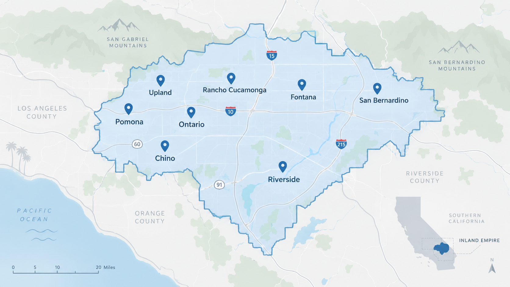 Map of West Coast POS service areas across the Inland Empire including Ontario, Rancho Cucamonga, Fontana, San Bernardino, Riverside, Chino, Upland, and Pomona.