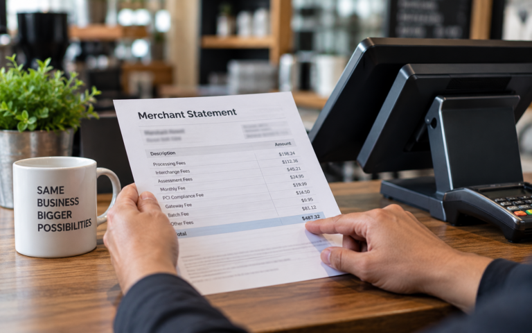 Business owner reviewing a merchant statement next to a POS system before switching payment processors.