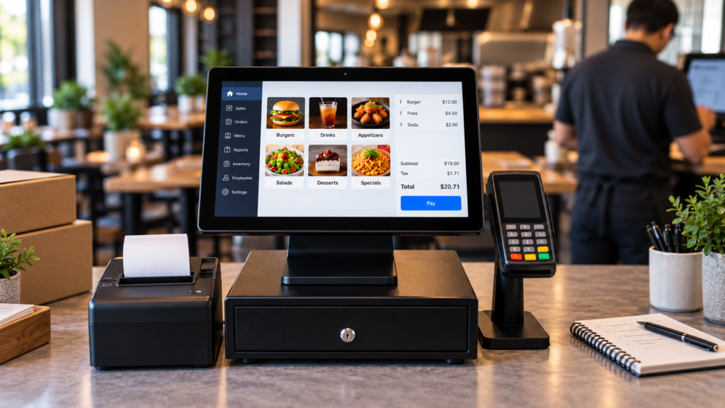 Modern POS system with payment terminal, receipt printer, and setup materials ready for installation and staff training inside a restaurant.