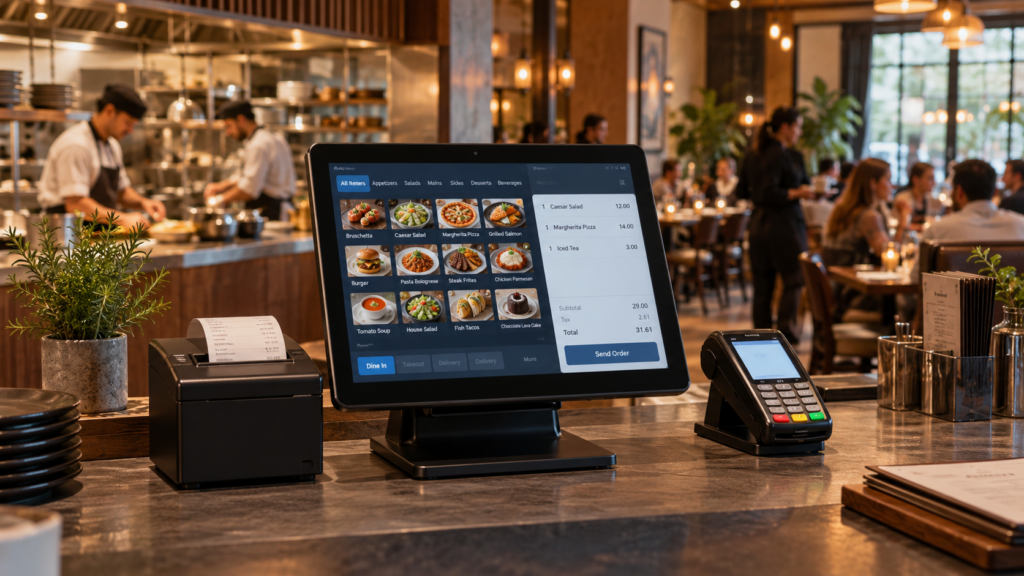 Restaurant POS system with payment terminal and receipt printer on a counter inside a busy restaurant.