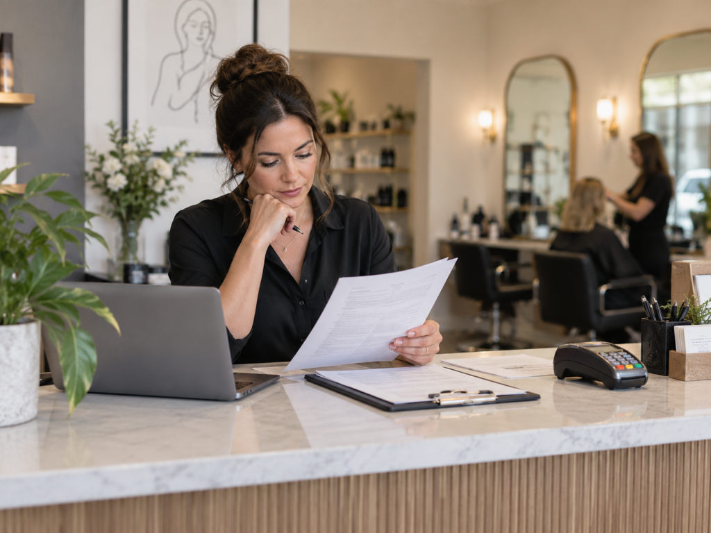 Service business owner reviewing a merchant statement and paperwork at a front desk with a payment terminal nearby.