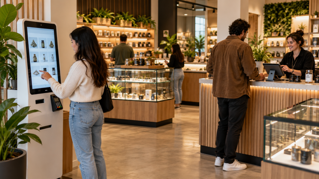 Dispensary customer using a self service kiosk while another customer checks out with a tablet POS system at the counter.