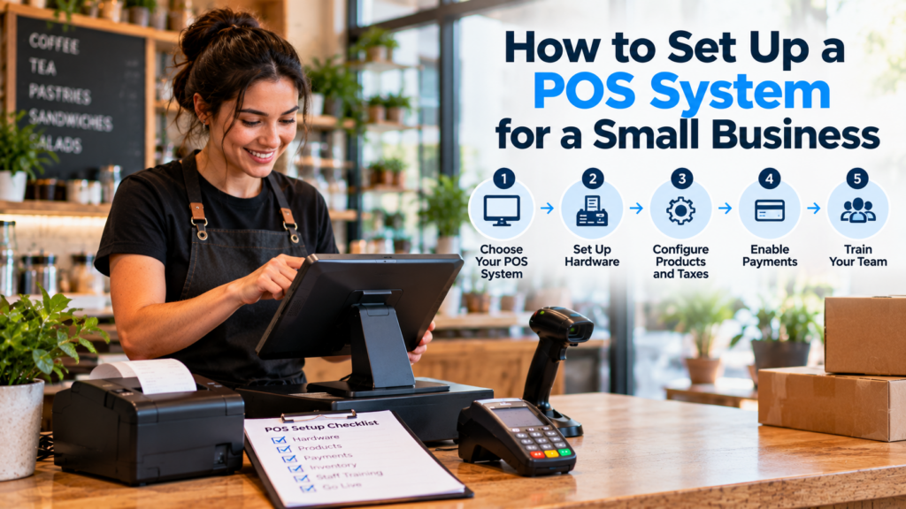 Small business owner setting up a POS system at a café counter with a touchscreen terminal, barcode scanner, receipt printer, and payment reader.