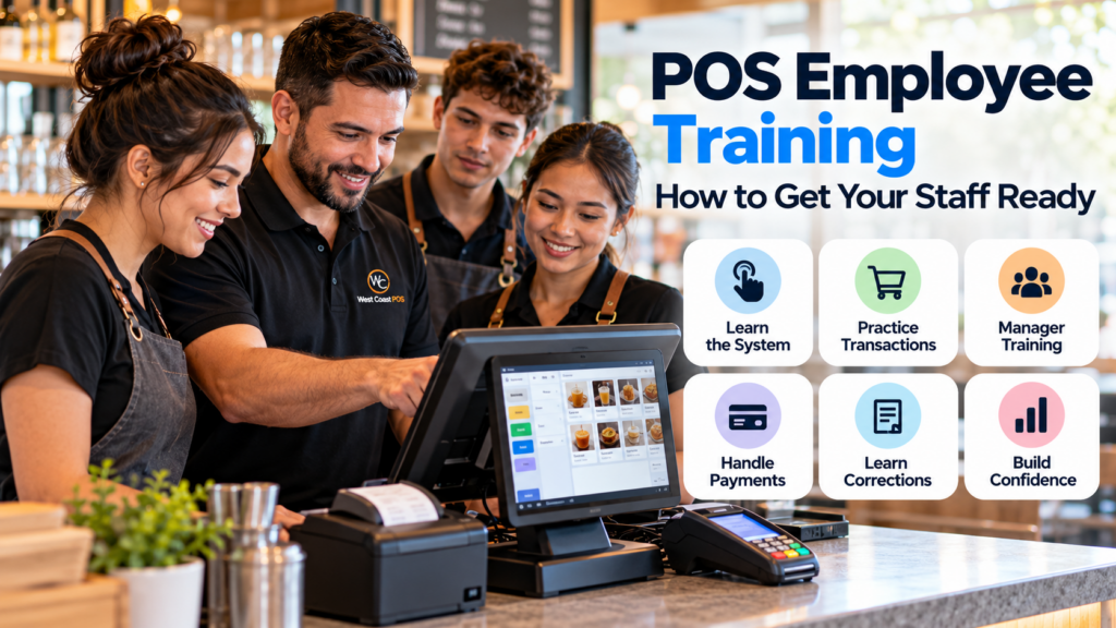 POS instructor training three café employees on a touchscreen register, with illustrated steps for transactions, payments, corrections, and manager training.