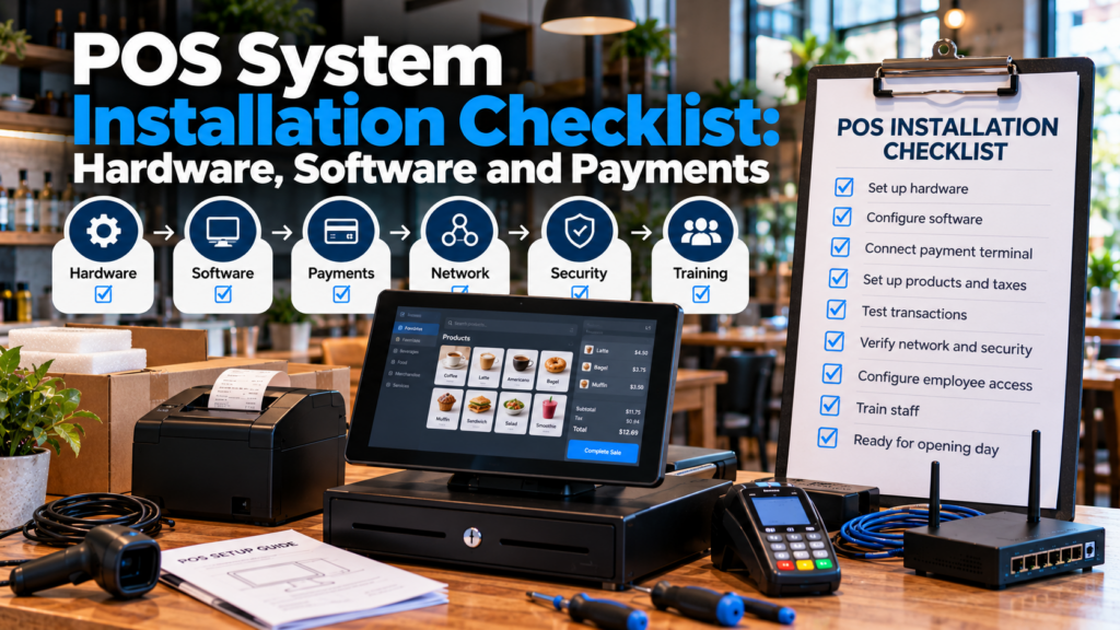 POS installation checklist showing a touchscreen terminal, receipt printer, card reader, barcode scanner, network router, and hardware setup steps.