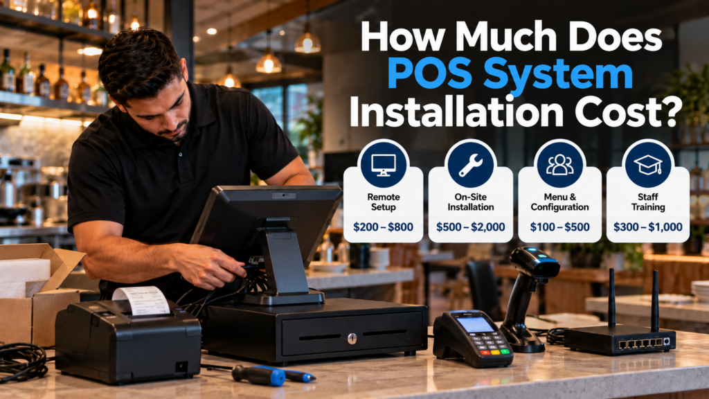 POS technician installing a point of sale terminal in a restaurant with receipt printer, card reader, cash drawer, and POS installation cost estimates.