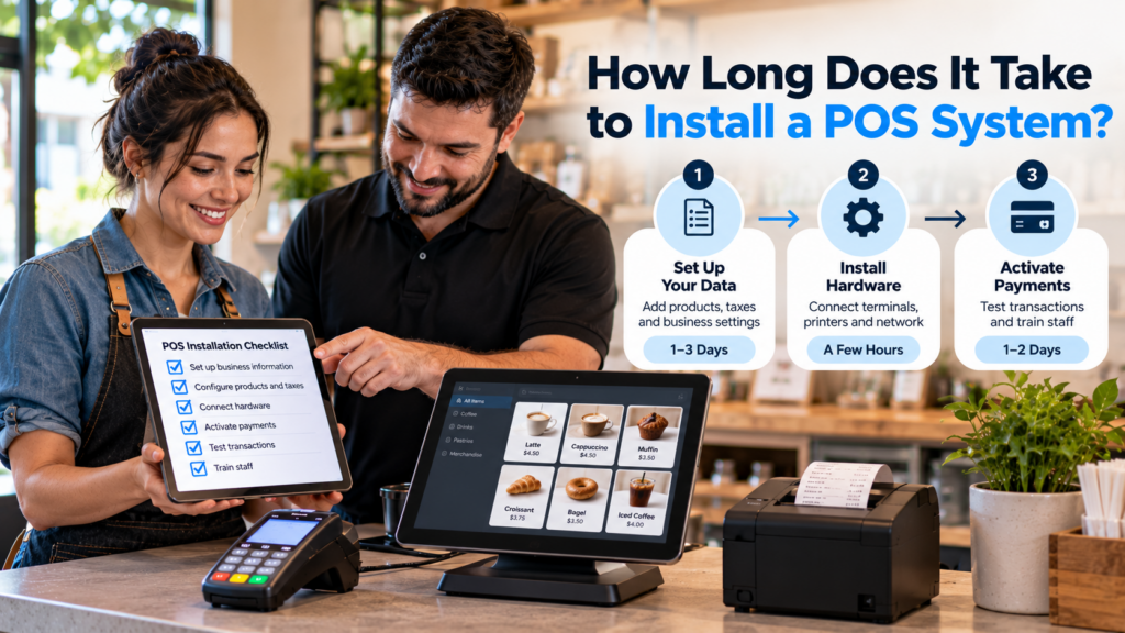 Business owner and POS specialist reviewing an installation checklist beside a checkout terminal, with a three-step POS setup timeline.
